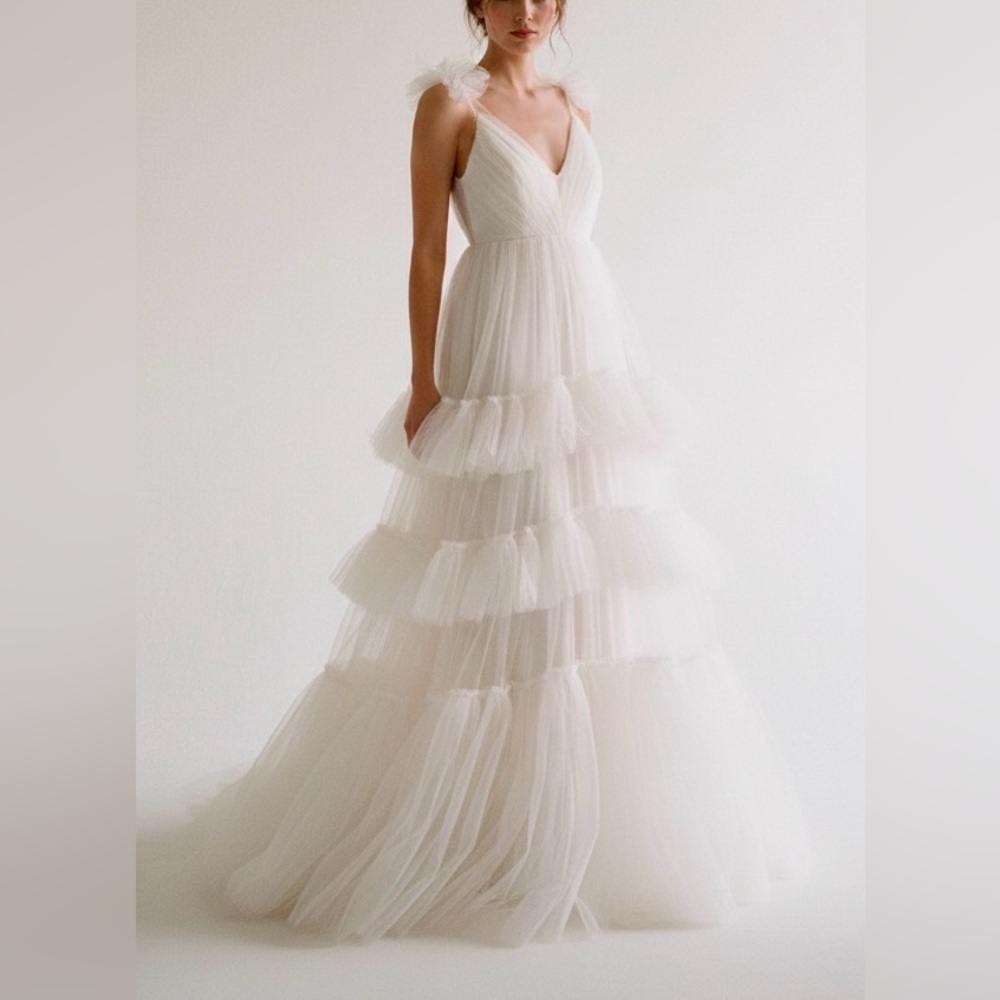 Modern Boho Tiered Wedding Dress | Whimsical White Tulle Gown with Ruffles -XS